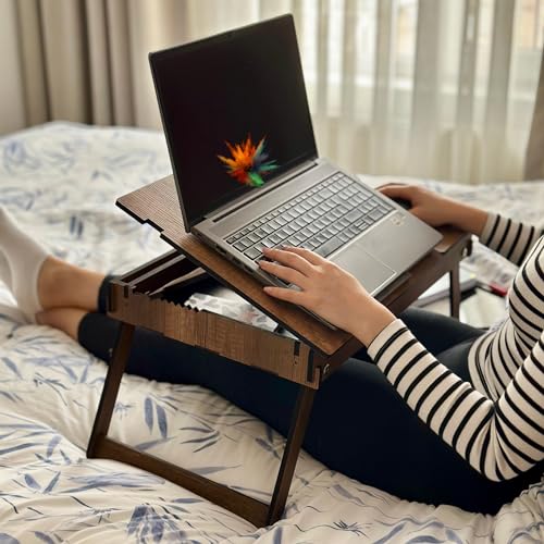 Foldable Lap Desk for Laptop Tray for Bed, Adjustable Laptop Stand, Notebook Folding Table with Storage, Bed Desk for Lap top and Writing, Portable Study Table, Walnut Lapdesk