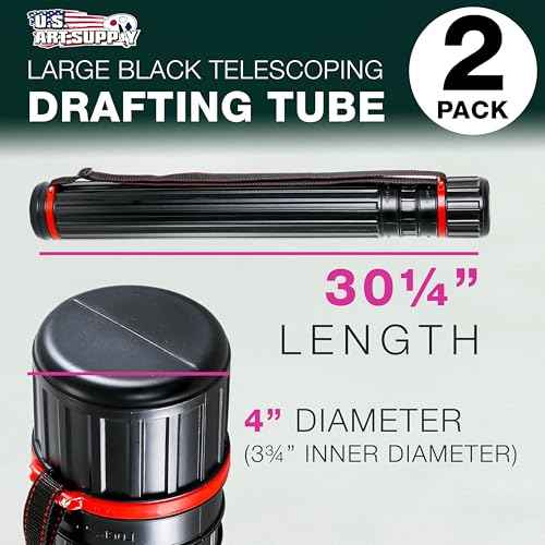 U.S. Art Supply Black Telescoping Drafting Tube (Pack of 2) - 4" Outside/3-3/4" Inside Diameter, Expands 30-1/4" to 52", Durable Protection with Shoulder Strap - Ideal for Posters, Blueprints, Art