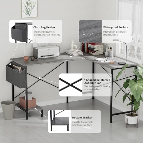 L Shaped Desk - 50" Reversible Home Office Computer Desk, Wood Top, Metal Frame, Side Bag, Sturdy Gaming Desk Corner Table for Work, Writing and Study, Space-Saving