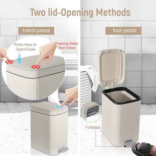 Small Bathroom Trash Can with Lid Slim Soft Close Garbage Can Step Wastebasket Container Trash Bin for Office Bedroom Kitchen Living Room (1.9 Gallon Cream)