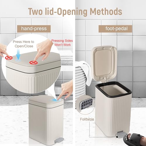 Rejomiik 1.9 Gallon Small Bathroom Trash Can with Lid, Soft Close Step, Cream