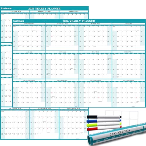 24" x 36" Exellewis 2026 Wall Calendar, Wet & Dry Erase Laminated, Yearly Wall Calendar, Horizontal/Vertical Annual Planner, 12 Month January to December for Easy Planning, Organizing