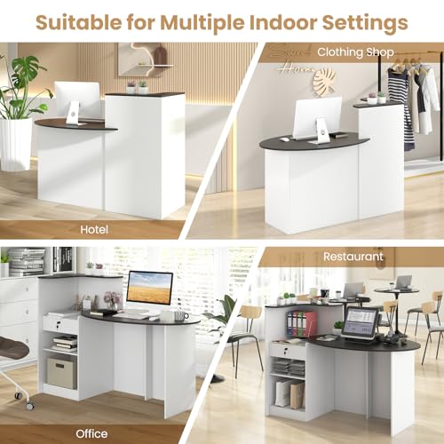 GOFLAME Black + White Reception Desk with Lockable Drawer, Adjustable Shelf, Oval Top