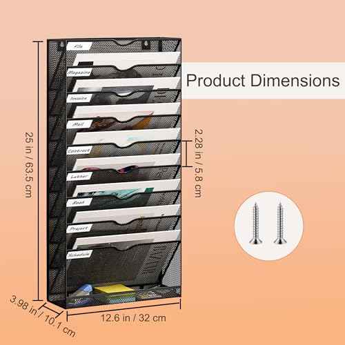 10 Tier Hanging Wall File Holder, Metal A4 Wall Mounted Document Holder, Vertical Hanging Mail Organizer, Magazine Storage Rack With Tray For Office Home Classroom, Black