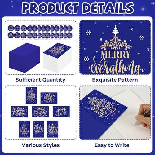 240 Sets Christmas Cards Bulk with Envelopes and Stickers Blue Holiday Greeting Cards Assortment 8 Designs of Merry Christmas Festive Note Cards Set Blank Inside Christmas Theme Xmas Cards