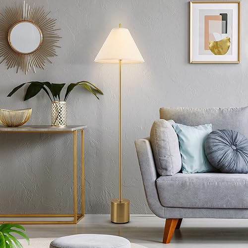 GLOBE Electric 61000060 60" Floor Lamp, Matte Brass Finish, Beige Linen Shade, Heavy Weighted Base, Rotary Switch on Shade, Modern Standing Light for Living Room, Home Office Accessories