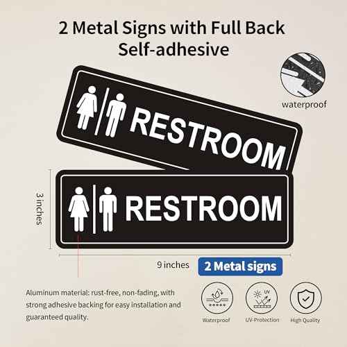 Restroom Sign - (2 Pack ) Metal Restroom Signs for Business with Strong Self-Adhesive, Bathroom Signs for Home Door or Wall, Ideal Unisex Restroom Signs for Women and Men, Easy to Install (Black Unise 9" x 3")