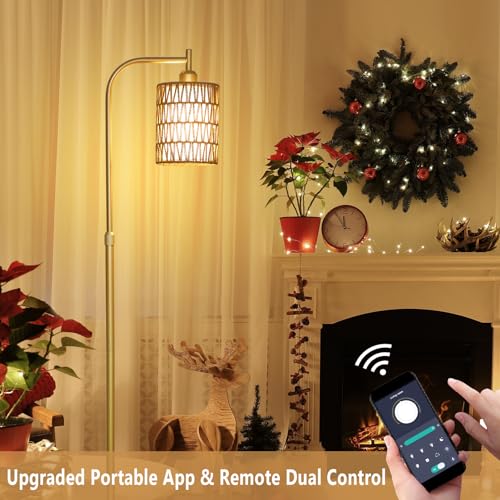 Modern Gold Floor Lamps for Living Room, Boho Rattan Floor Lamp with Remote & Dimmable LED Bulb, Farmhouse Standing Lamp with Rattan Shades, Minimalist Tall Pole Lamp for Bedroom Office