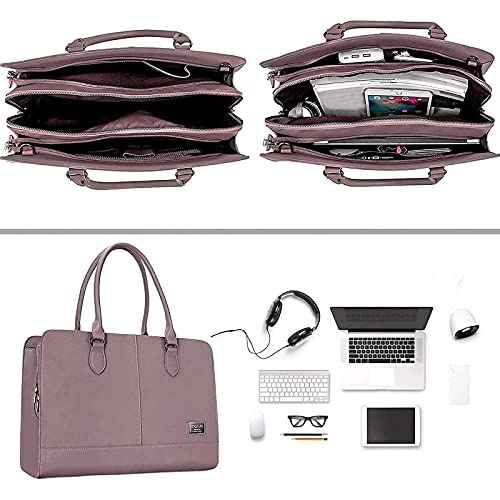 MOSISO Women Laptop Tote Bag (15-16 inch), PU Leather Large Capacity with 3 Layer Compartments Business Work Briefcase Shoulder Laptop Bag, Purple