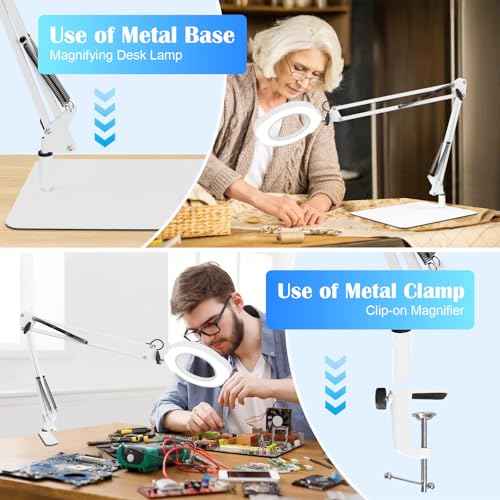 2-in-1 Desk Lamp & Clamp Light, 10X Magnifying Glass with Light and Stand, 5 Color Modes 10 Brightness Dimmable LED Desk Lamp,14.5inch Adjustable Swing Arm for Reading Crafts Painting Close (White)