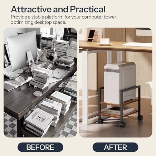 HOOBRO CPU Stand 2-Tier On-Wheels, Height-Adjustable Floor PC Tower Holder in Rustic Brown/Black