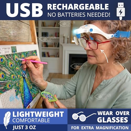 Vision Aid Expert Edition USB Rechargeable Magnifying Glasses with LED Light & Storage Case, Hands-Free Head Magnifier for Crafts & Close Work