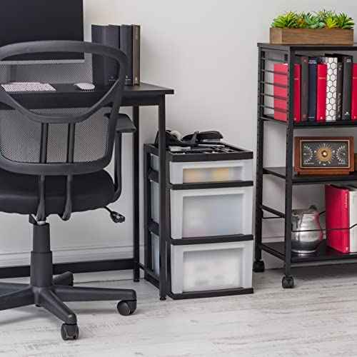 IRIS USA Plastic Drawer Storage Organizer Rolling Cart, 3-Drawers, for Classroom Art Craft Supplies Dresser Closet Bathroom Laundry Room, Black/Pearl