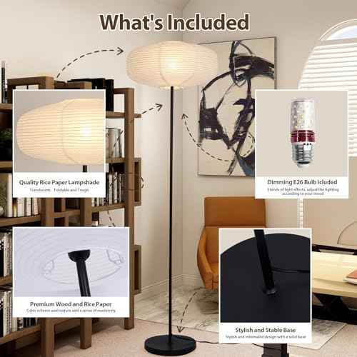 Paper Floor Lamp, Rice Paper Floor Lamp for Living Room, Paper Lantern Lamp with Washi Paper Shade, Ideal for Bedroom, Office, Reading Room Black Pole Light with Bulb