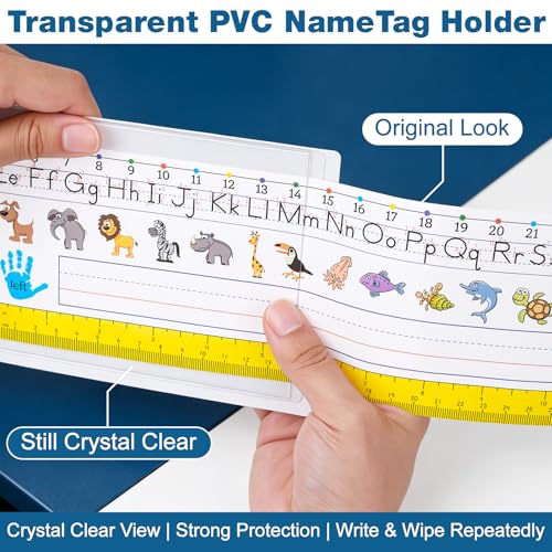Meetory 25 Pack 9.5 x 3.4 Inch Clear Reusable Nameplate Pockets - Thickened Self-Adhesive Desk Labels for Classroom & Office