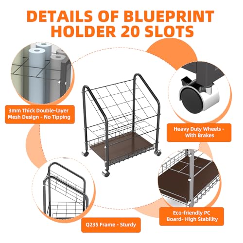 20 Slots Blueprint Holder, Double Layer Blueprint Storage with Sturdy PC Base Plate and 2 Brake Wheels for Office Organization, Storage Rack Rolling Cart, Construction Paper Organizer