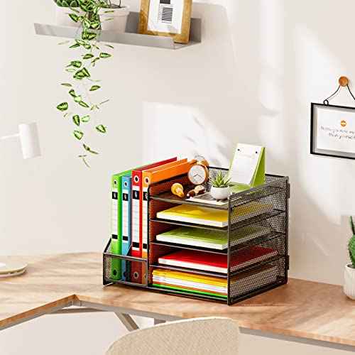 Marbrasse Desk Organizer with File Holder, 5-Tier Paper Letter Tray Organizer, Mesh Desk Organizers and Accessories with Magazine Holder, Desktop Storage for Office Supplies (Black)