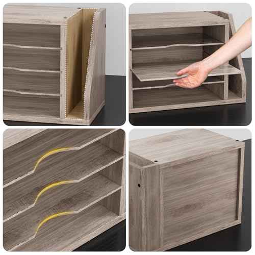 File Organizer Desktop, Wood Desk Organizer with 3 Adjustable Shelves, Mail Paper Sorter for Office, Home, File Holders for Envelopes, Mail Supplies or Magazines, Greige