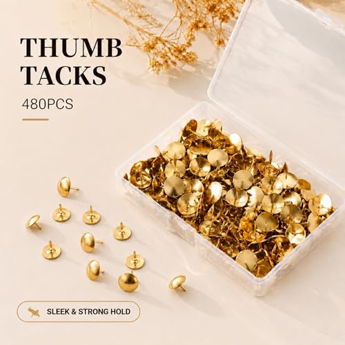 DZKZO Gold Thumb Tacks 480-Piece Set, Flat Push Pins for Bulletin Boards & Wall Displays