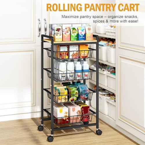 TOOLF 5-Tier Kitchen Cart with Tabletop, Rolling Snack Cart with Lockable Wheels, Fruit Vegetable Storage Basket with 4 Pack Mats, Metal Storage Rack with Pull-Out Pantry Cart for Organizer