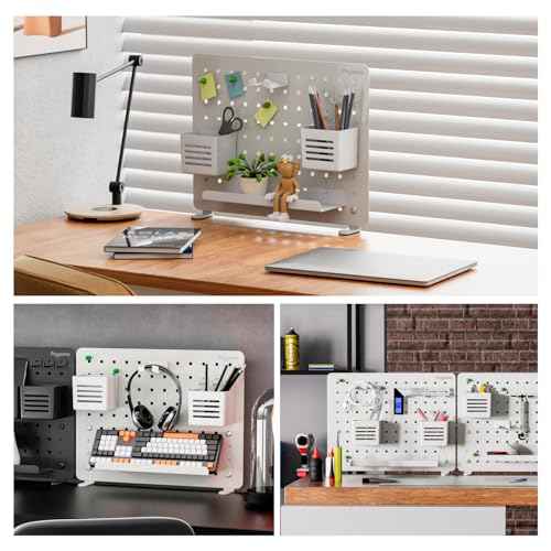 Clamp-on Desk Pegboard, Desk Organizer for Office Gaming Home, Magnetic Metal Peg Board with 10 Accessories, Privacy Panel for Office, 16.5" x 12.6", Medium, White