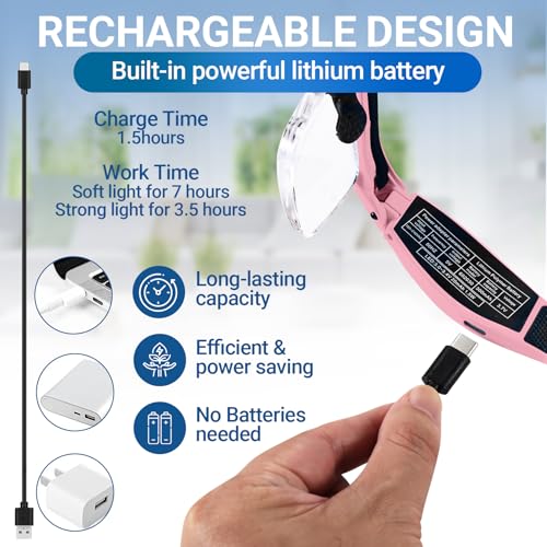 YOCTOSUN Pink Magnifying Glasses with Light, 0.75X-4.0X Headset, Rechargeable