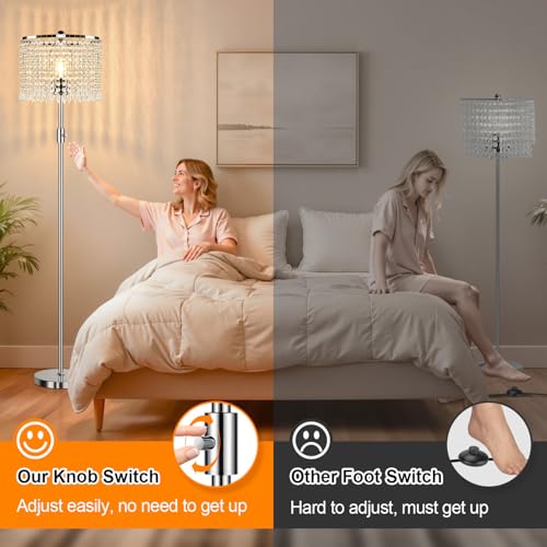 ¡¼Upgraded¡½ Dimmable Floor Lamps for Living Room, 1000LM LED Bulb Included, Standing Lamp with Crystal Lampshade, Tall Silver Pole Light for Bedroom Nursery Office Corner Reading