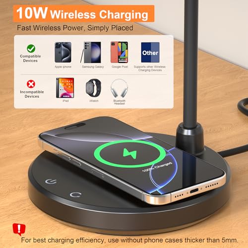 Vicsoon Black LED Desk Lamp with Wireless Charger, Dimmable Office Light