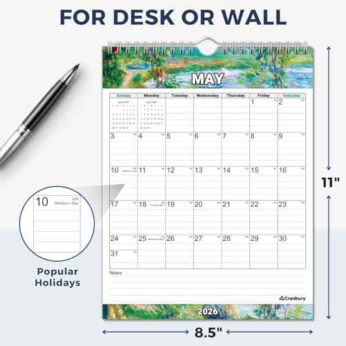 CRANBURY Small Wall Calendar 2026, Use Nov 2025 to Dec 2026, Hang on Wall, or Lay Flat as 8.5 x 11 Desk Calendar, Monthly Artwork Designs, Includes Planner Stickers