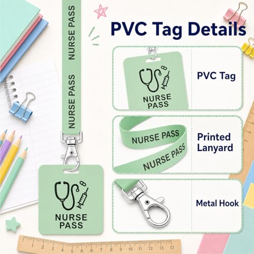 BEMAXYE Green Nurse Shaped Lanyards with Passes Set for Teachers & Staff, Waterproof PVC Classroom Passes (5 Pack)