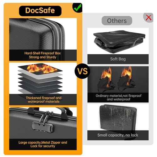DocSafe Fireproof File Organizer with Lock, Hard-Shell Case Fireproof Document Box with 13 Pocket Accordion File Folder, Portable Home Office Travel Safe Storage for Important Documents Laptop Black