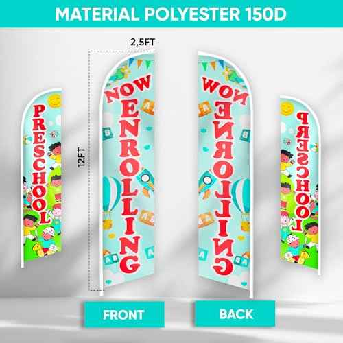 Now Enrolling Feather Banner - Preschool Swooper Flag - First Day of Preschool Flag - Pre School Sign Banner - Set of Two Advertising Flags 12ft x 2.5ft (Pole not included)