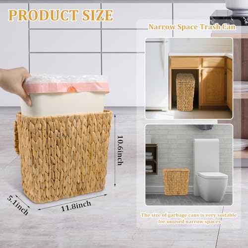 Wicker Trash Can with Lid and Liner, Handwoven Wicker Waste Basket, Water Hyacinth Bathroom Trash Can, Boho Rattan Garbage Wastebasket for Bedroom Home Living Room Office Kitchen, 2.5 Gallon