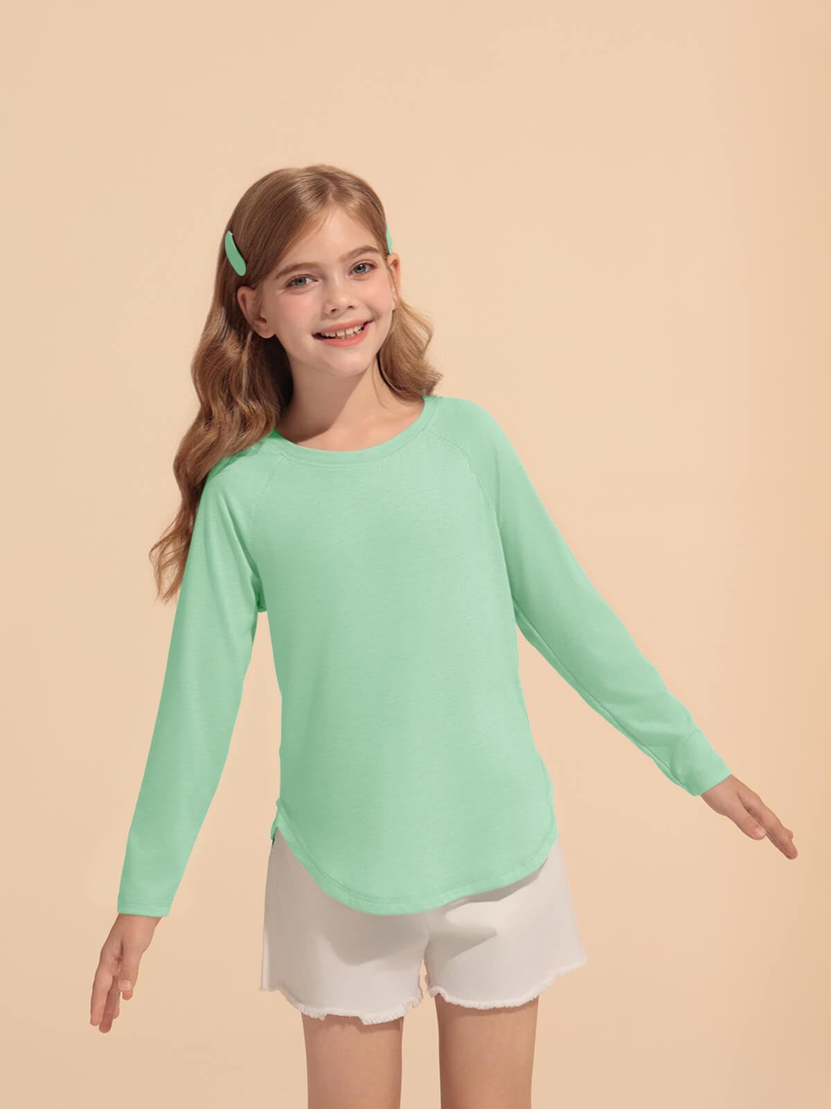 Haloumoning Girls Raglan Long Sleeve Shirts Kids Curve Hem Crewneck Tunic Tops Fashion T-Shirts 5-14Y Mint