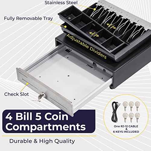 Volcora 13" Cash Register Drawer for Point of Sale (POS) System - Black with Stainless Steel Front - Fully Removable 2 Tier Cash Tray, 4 Bill/5 Coin, 24V, RJ11/RJ12 Key-Lock, Double Media Slot