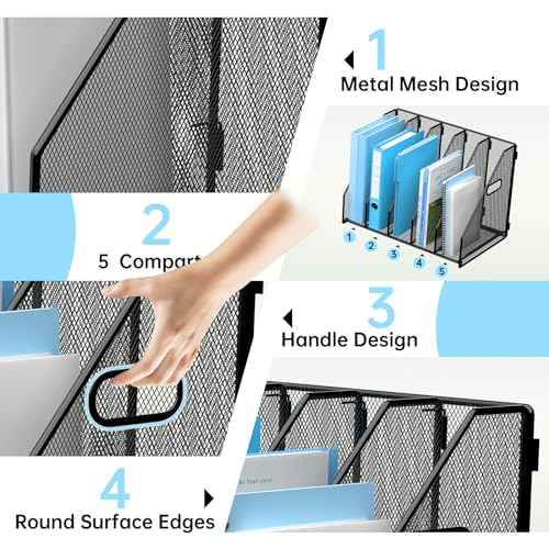 Desk File Organizer Metal Desk Magazine Folder Holder with 5 Vertical Compartments Rack File Organizer for Office, Home, School, Black