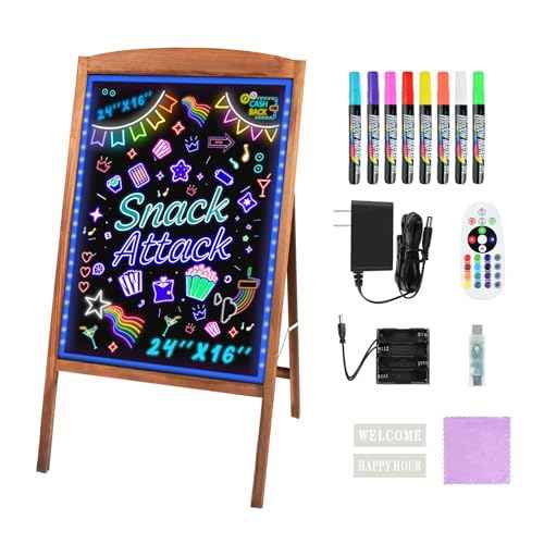 Hosim LED Message Writing Board 24"x16", Standing A-Frame Wooden LED Message Sign Board Illuminated Erasable Neon Restaurant Menu Sign, 8 Colors Markers & 16 Lighting Colors Flashing DIY Chalkboard