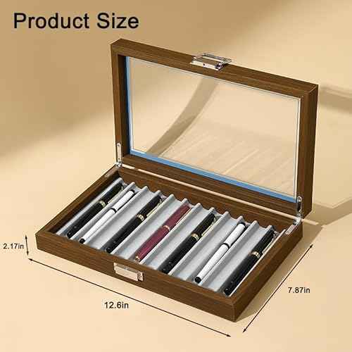 12-Slot Fountain Pen Display Box, Black Walnut Wood Pen Organizer with Clear Glass Window, Luxury Pen Storage Case for Fountain Pen Collection Pencil Holders
