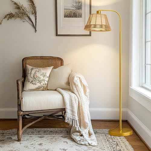 Oneach Arc Floor Lamp for Living Room,Rattan Boho Floor Lamp with Hand-Woven Wicker Shade, Gold Metal Base & Pole,Foot Switch,Farmhouse Standing Lamps for Bedroom Corner,Reading