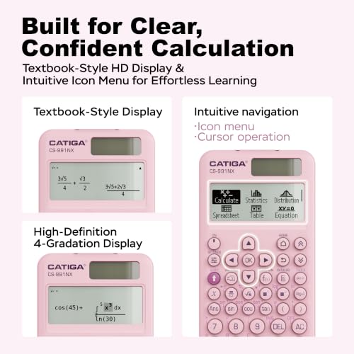 Pink Scientific Calculator with Textbook HD Display, Solar & Battery, Hard Case - CATIGA CS-991NX