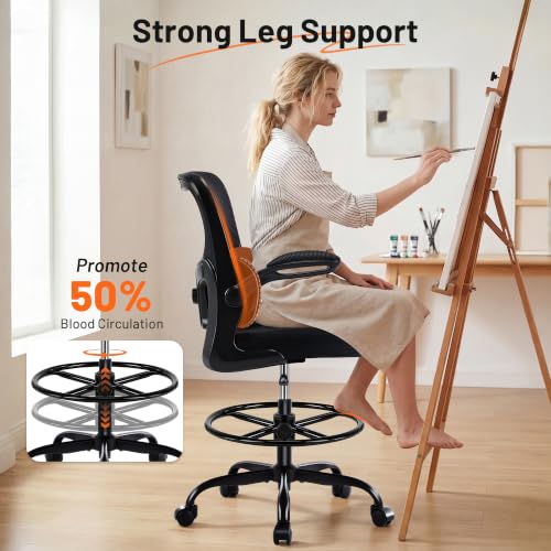 AreShark Black Drafting Chair - Ergonomic Tall Office Chair with Lumbar Support, Flip-Up Armrests, Breathable Mesh, Adjustable Foot Ring