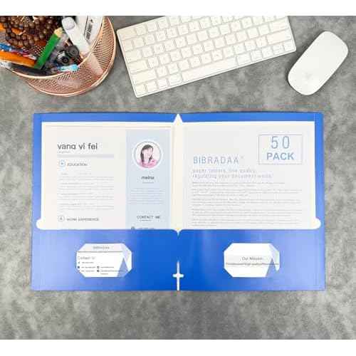 BIBRADAA¢ç 50 Packs Blue Paper Folders with Pockets,Paper Folder Surface with Waterproofing,Letter Size,Holds 100 Plus Sheets,for School,Office,Business.(50, Dark Blue)