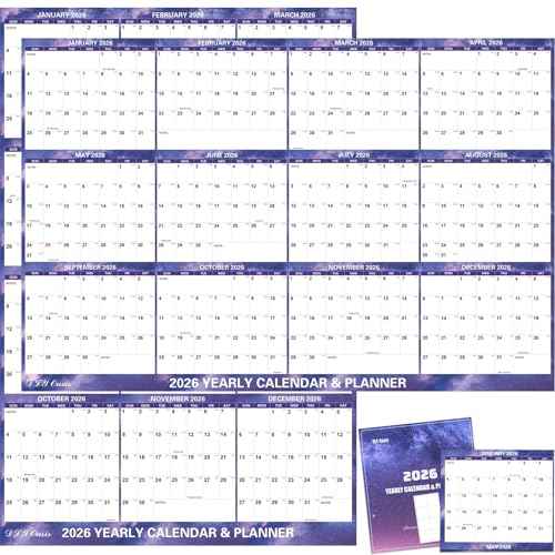 24" x 36" 2026 Wall Calendar Dry Erase - Folded Large Starry Sky Wall Calendar 2026, Wet & Dry Erasable, Laminated 12-Month Annual Yearly Planner, Reversible, Horizontal/Vertical, Purple
