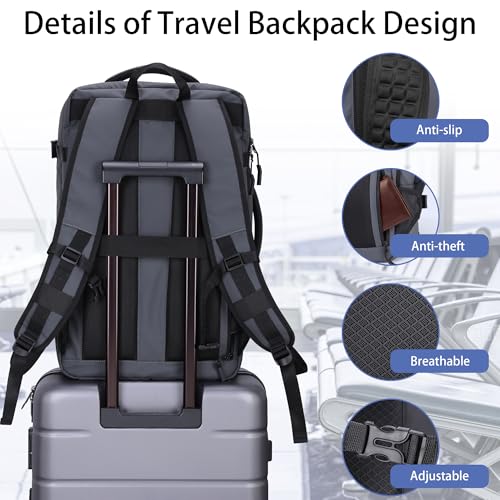 HOMIEE Travel Backpack 40L TSA Friendly Flight Approved Carry-on Luggage, Waterproof Business Computer Backpack Fits 17.3 Inch Laptop, Extra Large Weekender Bag with Shoe Compartment, Grey