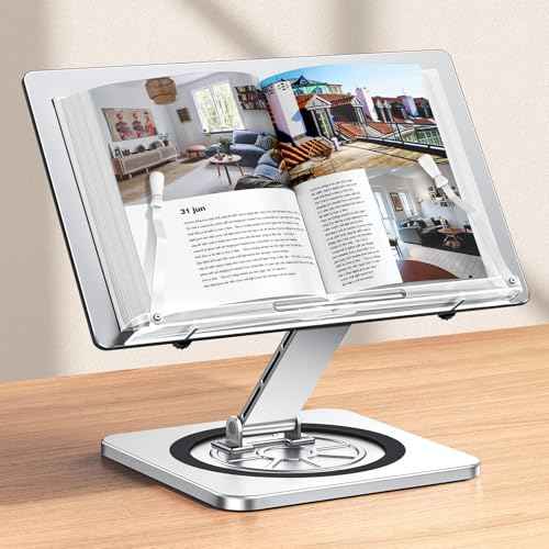Book Stand for Reading, Book Holder with 360¡Æ Swivel Base & Elastic Page Clips, Adjustable Cookbook Stand for Kitchen Counter, Recipe/Textbook/Music Scores Stand for Desk