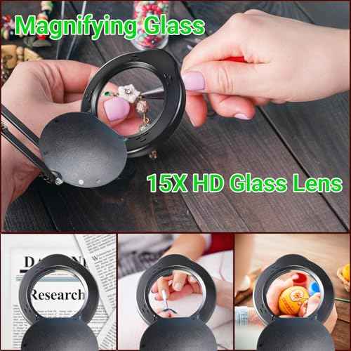 15X Magnifying Glass with Light and Clamp, 5 Color Modes 10 Levels Adjustable Brightness, 2-in-1 Desk Lamp with Clamp, Hands Free Magnifier with Dust Cover for Craft Hobby Reading Repair Close Works