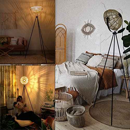 Tripod Floor Lamps Boho for Living Room Stunning Lighting Floor lamp Unusual Look Hand-Woven Hemp Rope Bowl Lampshade Adjustable Height Tripod for Table Lamp Standing lamp for bedrooms, Offices