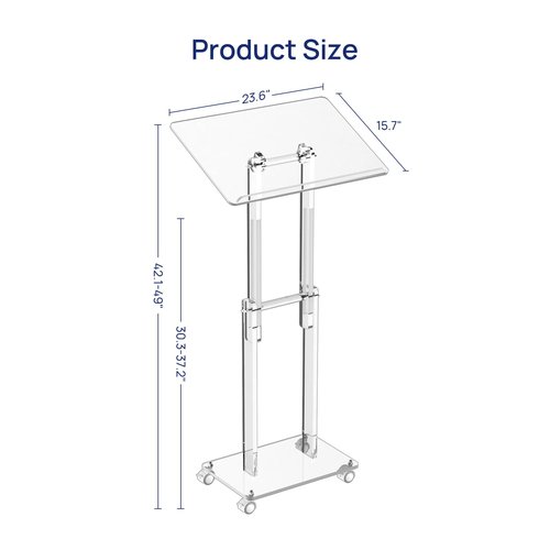 HMYHUM Acrylic Podium Stand with Lockable Wheels, Angle & Height Adjustable, Clear Rolling Podium, Mobile Lecterns & Pulpits for Classroom, Concert, Church, Speech, Multi-Purpose, Modern