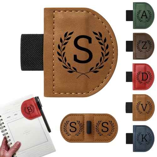 Bygone Mark Bookmark with Pen Holder, 26 Name Initial Letters, 5 Retro Colors, Personalized Magnetic Leather Bookmarks Gift for Women and Men Book Lovers, Students, Teachers (Brown, S)