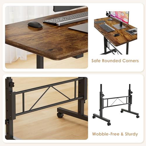 VECELO Small Rolling Standing Desk Adjustable Height, Mobile Stand Up Desk with Wheels, Portable Laptop Desk for Office Workstations, Treadmill Walking Pad, Brown